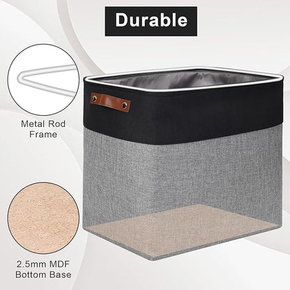 Large Fabric Storage Baskets | 50L Storage Bins, Decorative Linen Closet Baskets with Handles for Organizing, Shelf, Toys, Clothes, Home, Office, Nursery, 17x12x15Inches (Gray&Black)