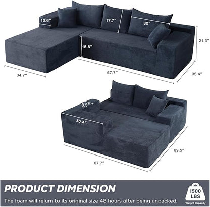 Blue Sectional Couches for Living Room, Boneless Couch with L-Shape Chaise, Modular Sofa in Box with Deep Seat, No Assembly Required