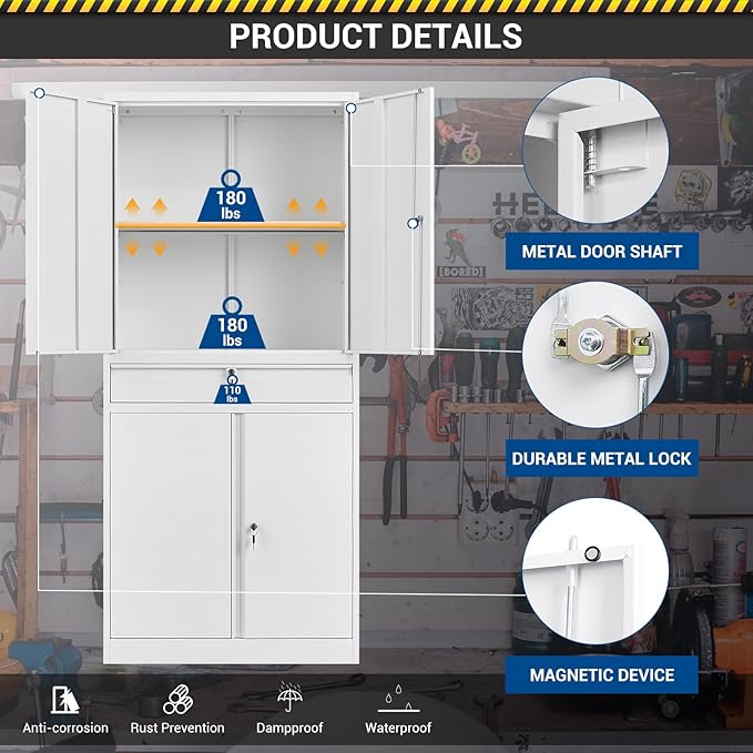 71" Metal Cabinet-White Heavy Duty Storage File Cabinet Steel Tool Cabinets