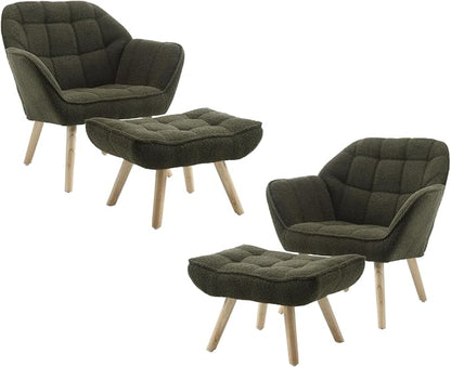 QUINJAY Modern Sherpa Accent Chair with Ottoman Set of 2, Fluffy Upholstered Lounge Chair with Footrest, Comfy Living Room Side Boucle Armchair for Small Space Bedroom, Green