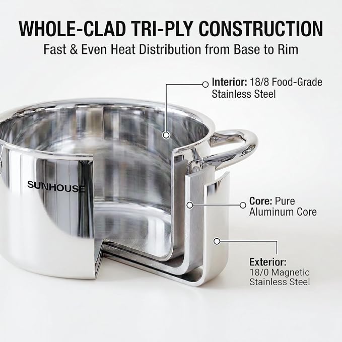 Sunhouse Professional 6.2-Quart Whole-Clad Multi-Ply Stainless Steel Stock Pot