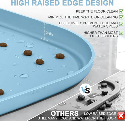 SMILOOL Waterproof Silicone Pet Food Mat with Raised Edge for Dog & Cat | 22" x 14" Non-Slip Pet Feeding Mats with Lip for Food & Water Bowl, Food Grade, Easy Cleaning, Light Blue