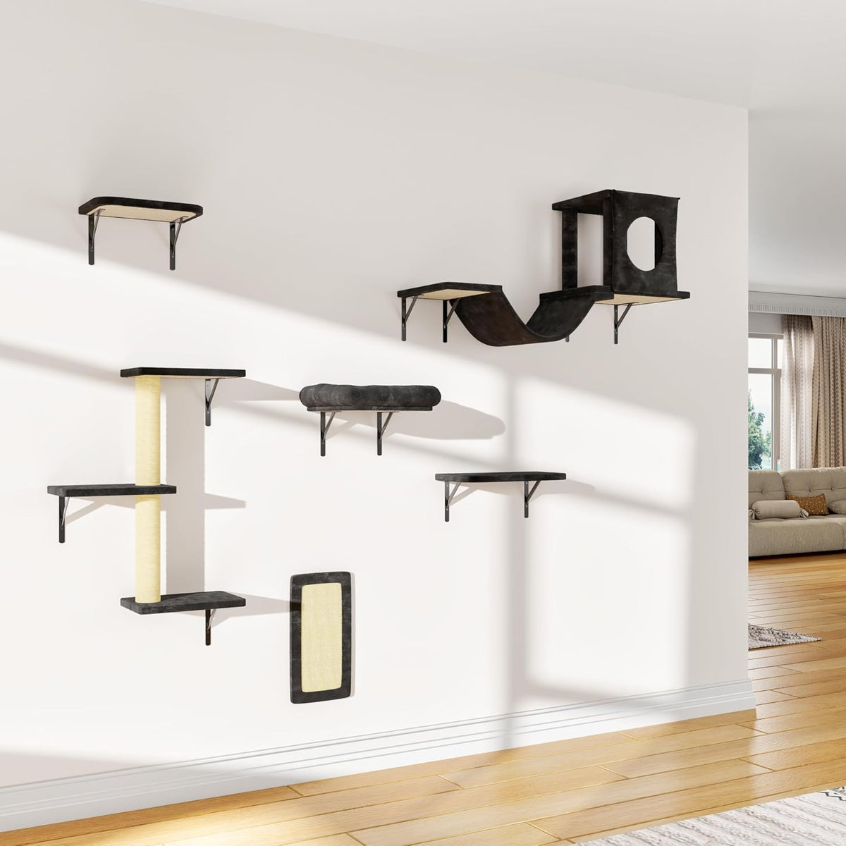 NUNU LAB Wall Mounted Cat Furniture, 6 Pcs Cat Wall Shelves with Condo House, Bridge, Steps, Scratcher, Hammock, Indoor Safe & Stable Furniture for Kittens Play, Black