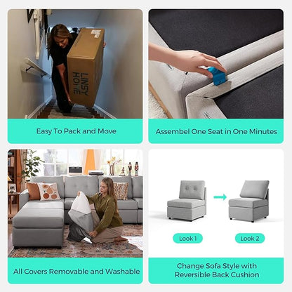 LINSY HOME Modular Sectional Sofa Oversized, Removable Cover Living Room Couches with Storage Deep Seat & Ottoman Chaise L/U Shaped Sofa Modern Furniture Couch (Grey, 2 Seats)
