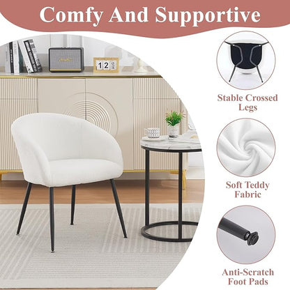 Modern Small Accent Chair Set of 2, Comfy Sherpa Makeup Vanity Chair with Metal Legs, Decorative Chair no Wheels for Living Room, Dressing Room, Bedroom, White