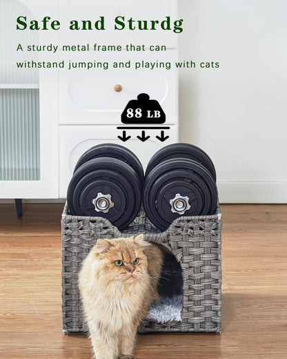 Cat Beds Indoor Kitten House, Handwoven Rattan Cat Cave Pet Cube, Large Cat Houses, One Bed Mat, Foldable, Hideaway, 16.5x16.5x13.2 Inches, 2 S-Shaped Hooks in Living Room Bedroom Gray