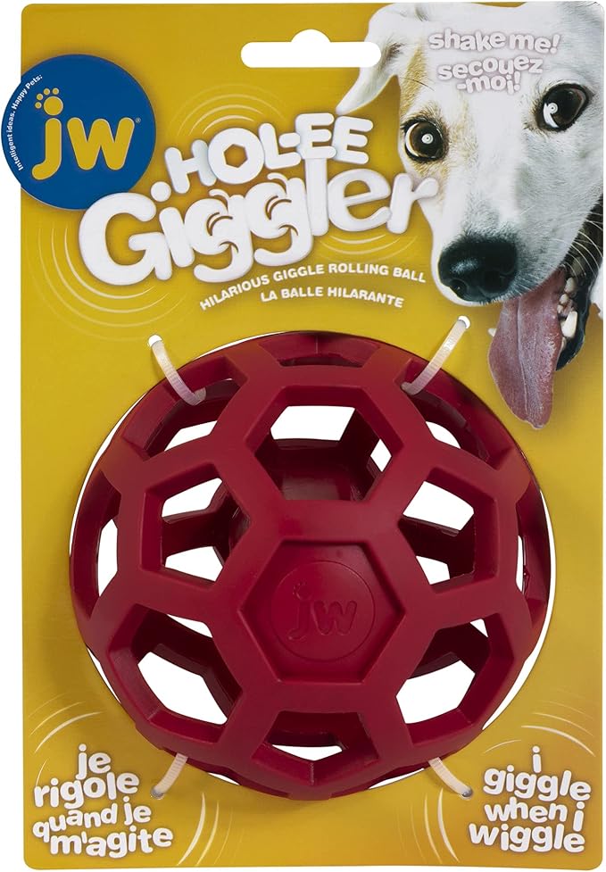JW Pet Hol-ee Giggler Dog Toy Puzzle Ball, Natural Rubber, Medium (4.5 Inch Diameter), Red