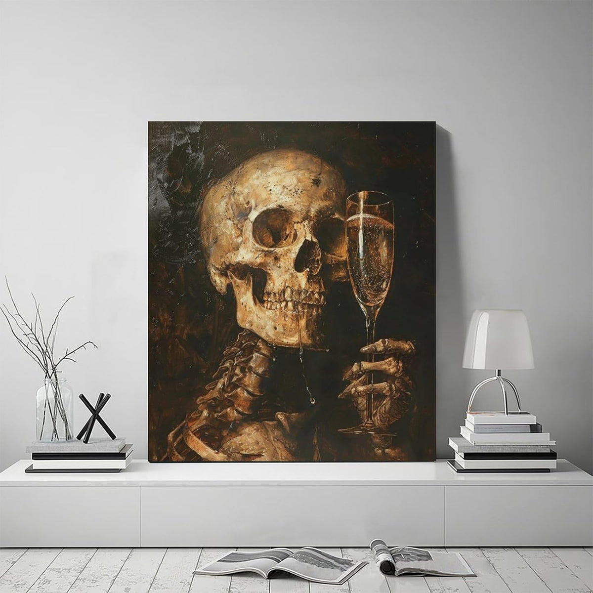 Quorin Gothic Skeleton Wall Art Goth Skull Champagne Wall Decor Dark Academia Pictures Horror Canvas Print Painting Artwork for Bathroom Living Room Bedroom 20"x24"