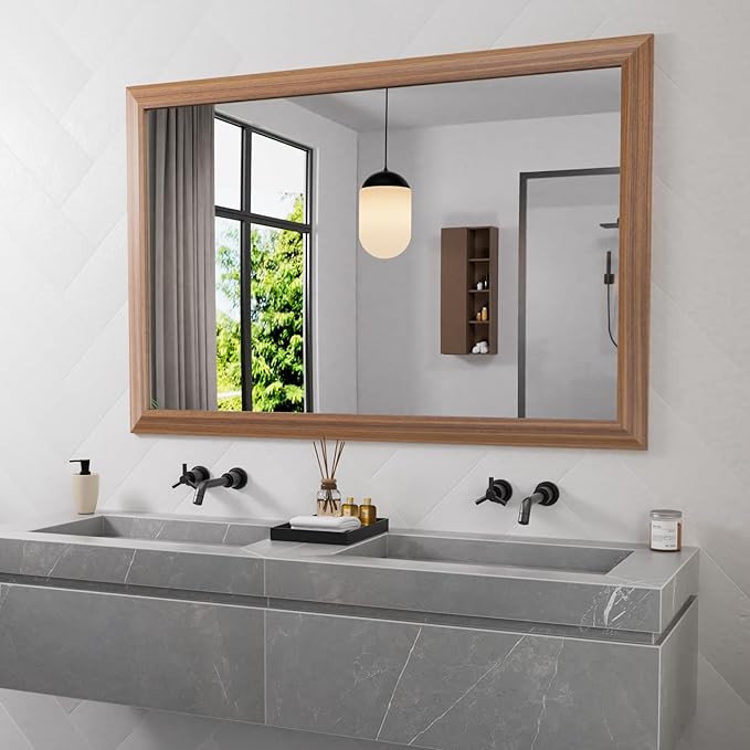 Amorho Bathroom Mirror, 48X32 Inch Wall Mirror, Walnut Wood Grain Metal Framed