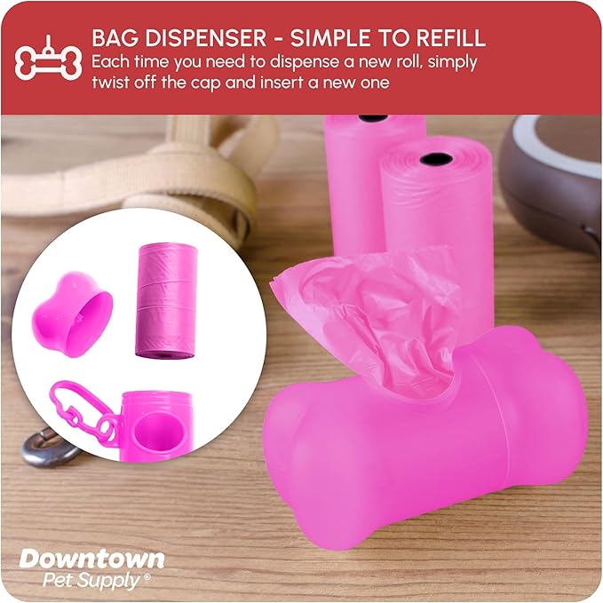Downtown Pet Supply Poop Bags for Dogs with Dispenser, 220 Count - Leak-Proof Dog Waste Bags and Bone-Shaped Dog Poop Bags Holder for Leash - Pink, 12.5" x 8.5"