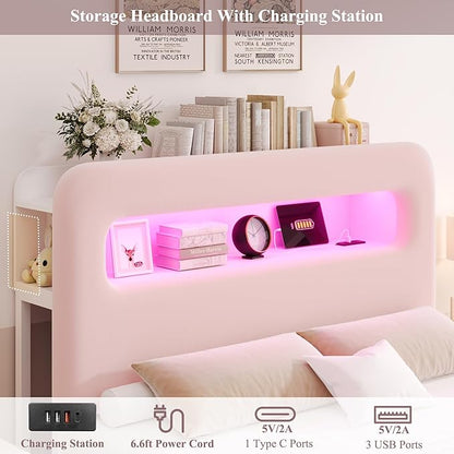 HOSTACK Full LED Bed Frame with Storage Headboard and Charging Station, Girls Bed Frame with 4 Drawers and USB Ports, Velvet Upholstered Platform Bed Frame with Bookcase, No Box Spring Needed, Pink