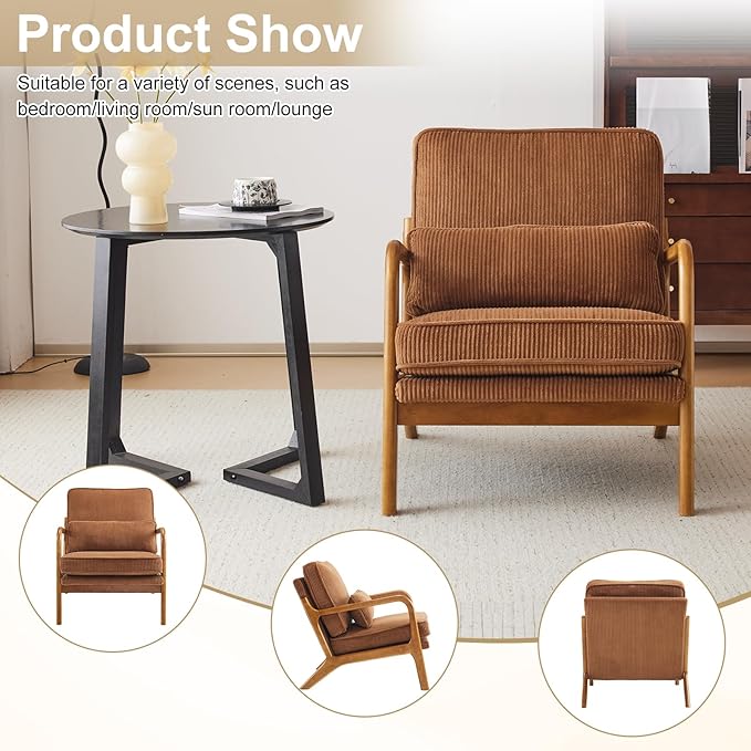 Karl home Mid-Century Modern Accent Chair, Living Room Chairs with Pillow Corduroy Upholstered Lounge Armchair with Solid Wood Frame & Soft Cushion for Bedroom, Reading Room, Brown