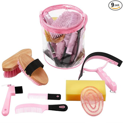 Cunhill 9 Pcs Horse Grooming Kit Tack Room Supplies Set with Tote Bag, Oval Massage Curry, Hard and Soft Brush, Hoof Pick, Sweat Scraper, Bathing Sponge, Comb for Horse Rider(Cute,Pink)
