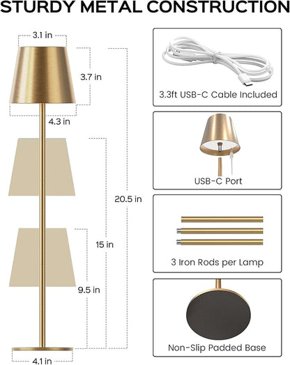 JACKYLED Cordless Table Lamps Rechargeable, 3 Adjustable Height, 5000mAh Battery Operated, 3 Colors Smooth Dimming, Portable LED Waterproof Table Lamp for Dining, Bedroom, Outdoor-Gold
