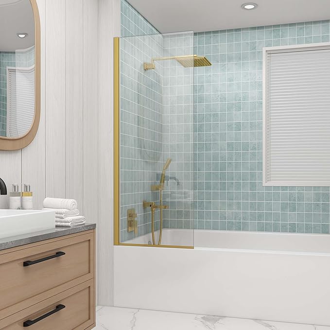 Sunrosa 24"×60" Bathtub Glass Panel, 8mm Thick Shower Screen, Brushed Gold