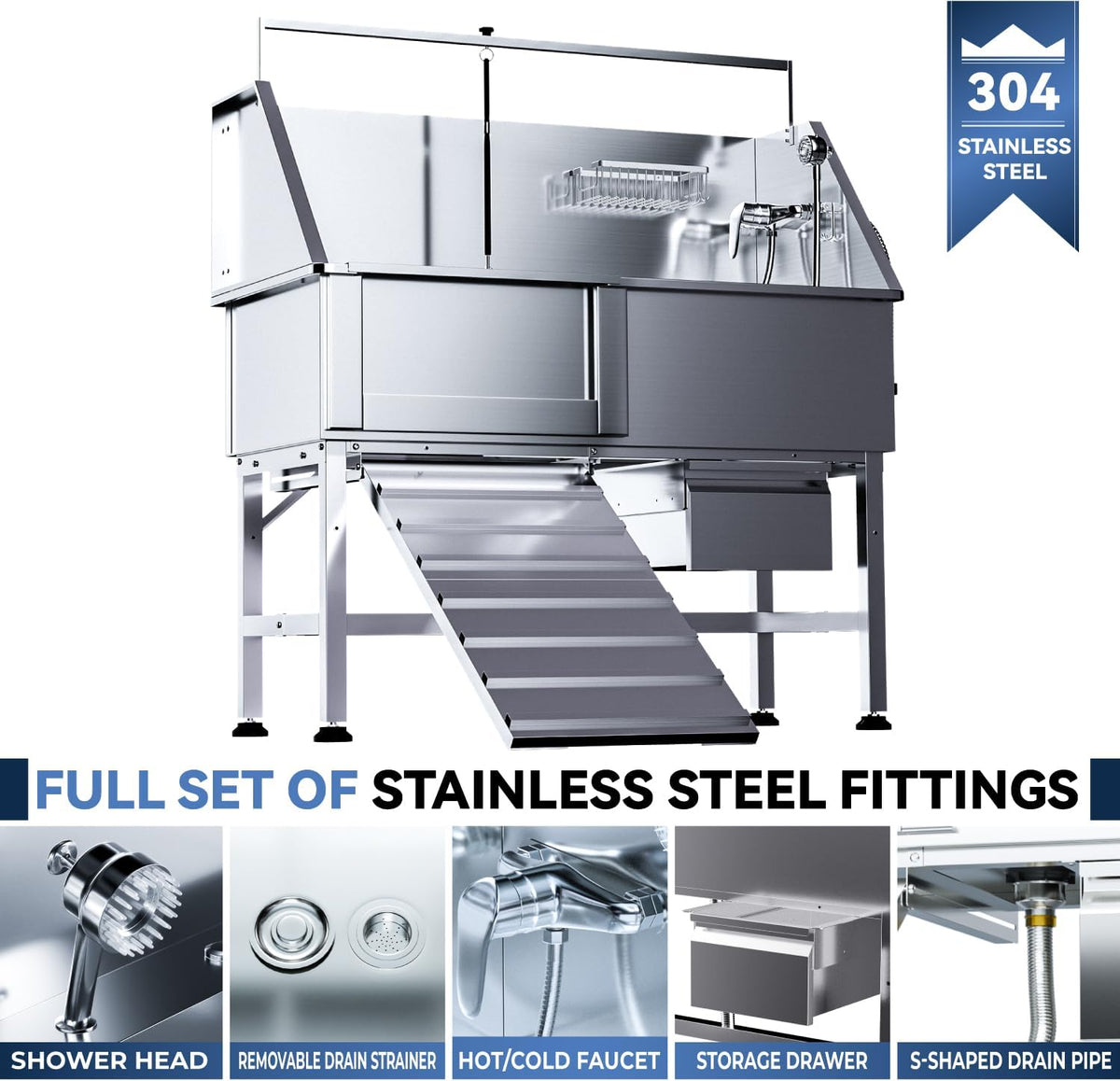 Professional 46" Dog Washing Station, Stainless Steel Dog Bathing Station, Height Adjustable Dog Wash Station, Storage Drawer, Upgrade Parts, Home, Commercial (Left Ramp)