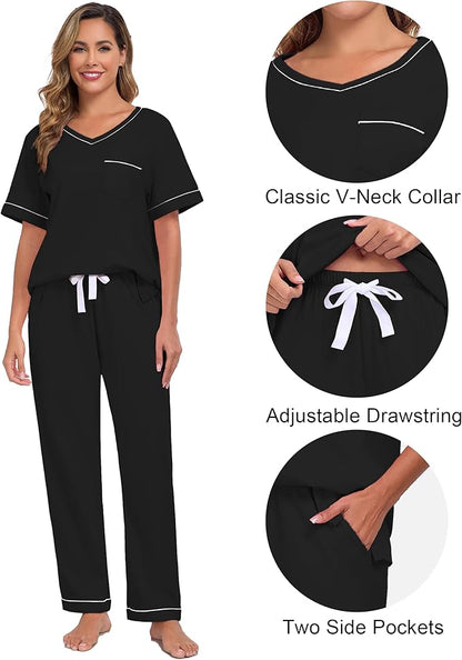 CF Women's 100% Cotton Pajama Sets Soft Short Sleeve Tops & Pants Comfy Sleepwear 2 Piece Lounge set with Pockets Loungewear