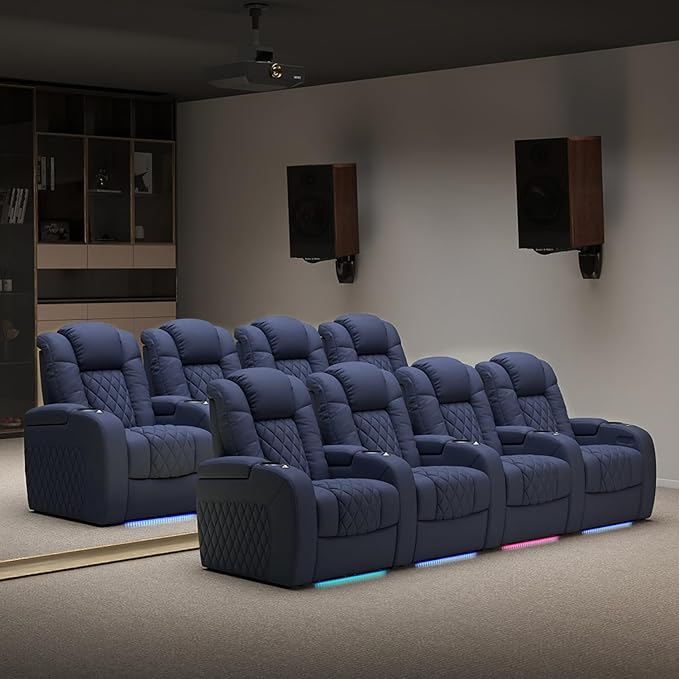 Weilianda Home Theater Seating Top Grain Leather Zero Gravity Recliner Chair Power Headrest Recline Movie Seat Gaming 7 Colors Mood Light Sofa with Tray Table USB Charge Row of 4 Loveseat Right Blue