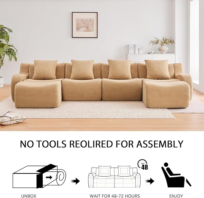 Camel L-Shaped Cloud Couch with 1 Ottoman, Modern Teddy Fabric Boneless Sectional Sofa in a Box, Modular Floor Sofa for Living Room, Deep Seat, No Assembly Required, Sofas para Sala