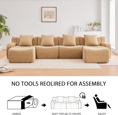 Camel L-Shaped Cloud Couch with 1 Ottoman, Modern Teddy Fabric Boneless Sectional Sofa in a Box, Modular Floor Sofa for Living Room, Deep Seat, No Assembly Required, Sofas para Sala