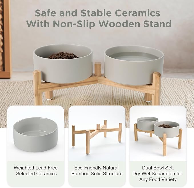 SPUNKYJUNKY Elevated Dog Bowls Ceramic, 7.3'' Dogs Food Water Bowls Raised with Non-Slip Bamboo Stand for Medium to Large Sized Breed Microwave Dishwasher Safe - 42 OZ,Grey