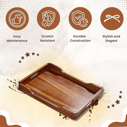 Acacia Wood Serving Tray with Handles, 18x13in Food Drinks Tray for Coffee Table, Breakfast, Dinner & Bar, Rustic Decorative Storage Tray for Ottoman, Kitchen, House Warming Gifts New Home