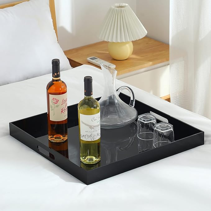 Black Oversize Acrylic Serving Tray with Handles 20x20 Inch -Spill Proof- Decorative Trays Countertop Organizer for Ottoman,Nightstand, Sidetable, Butler (20x20 Inch, Black)
