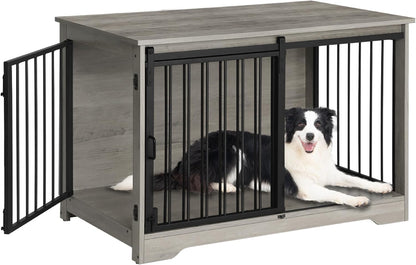 39.4" Heavy Duty Dog Crate Furniture with Barn Door, Wood Indoor Dog Crate Kennel for Small/Medium/Large Dogs, End Side Table, TV Stand, Greige Black DFC02305B