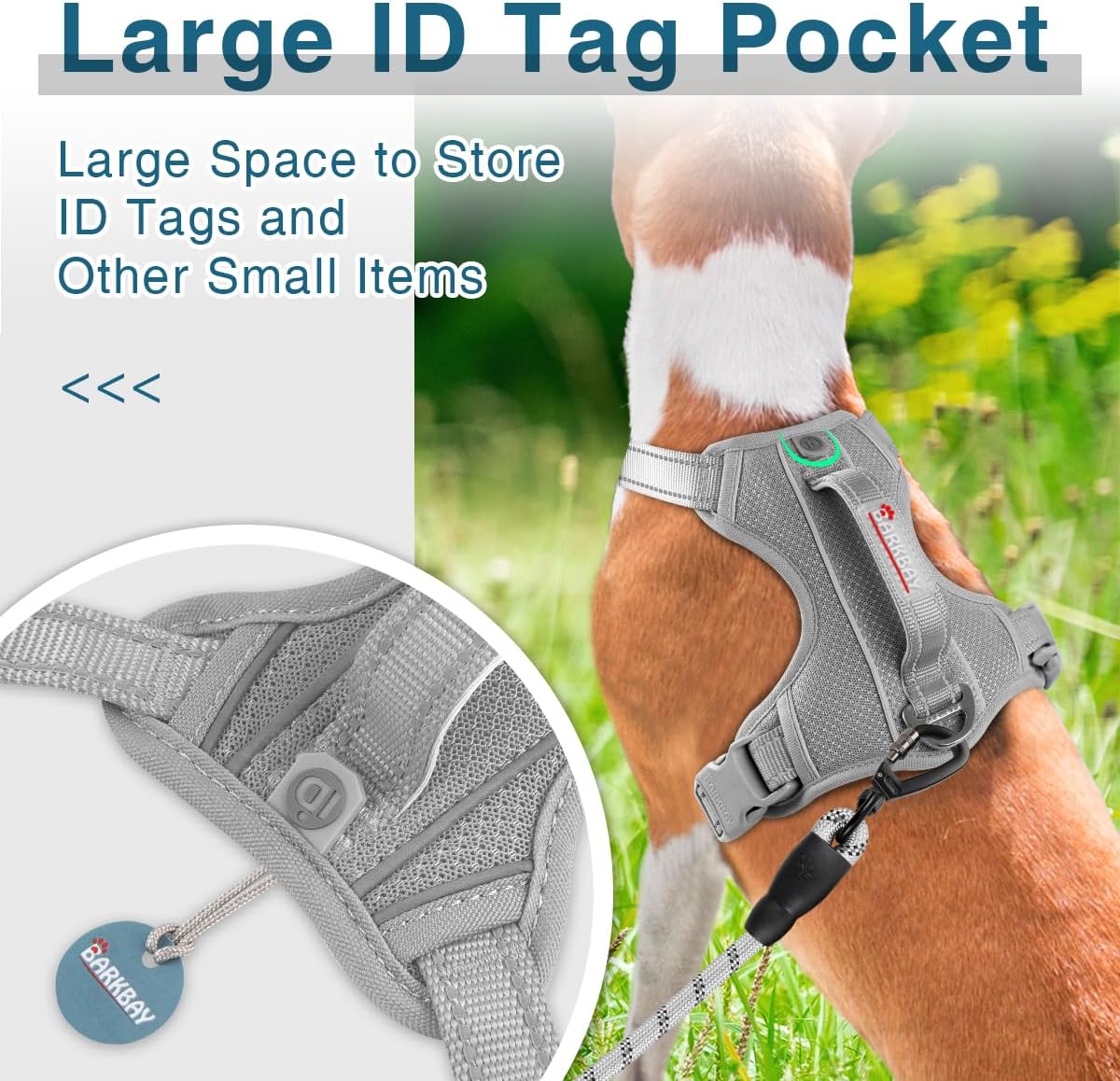 BARKBAY Dog Harness No Pull with ID Tag Pocket - Heavy Duty, Reflective, Easy Control for Large Dogs(Grey,S)