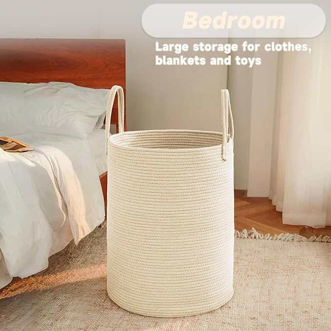 Large Woven Laundry Basket Hamper,100L Cotton Rope Storage Bin for Blankets,Toys and Clothes,Decorative Tall Nursery Hamper for Living Room,Baby Nursery,Bathroom and Bedroom,Beige