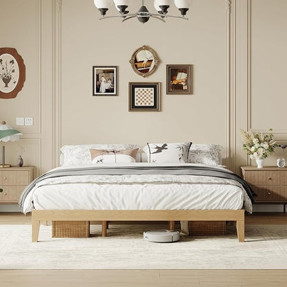 King Size Wood Platform Bed Frame, 12 Inch Solid Wood Bed Frame with Wooden Slats, No Box Spring Needed, Easy Assembly, Rustic Pine