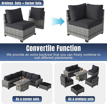 Aoxun 7 Pieces Patio Furniture Set with 40” Fire Pit Table Wicker Rattan Outdoor Sectional Conversation Set with Coffee Table and 4” Thickened Cushions, Blue(Waterproof Cover Included)