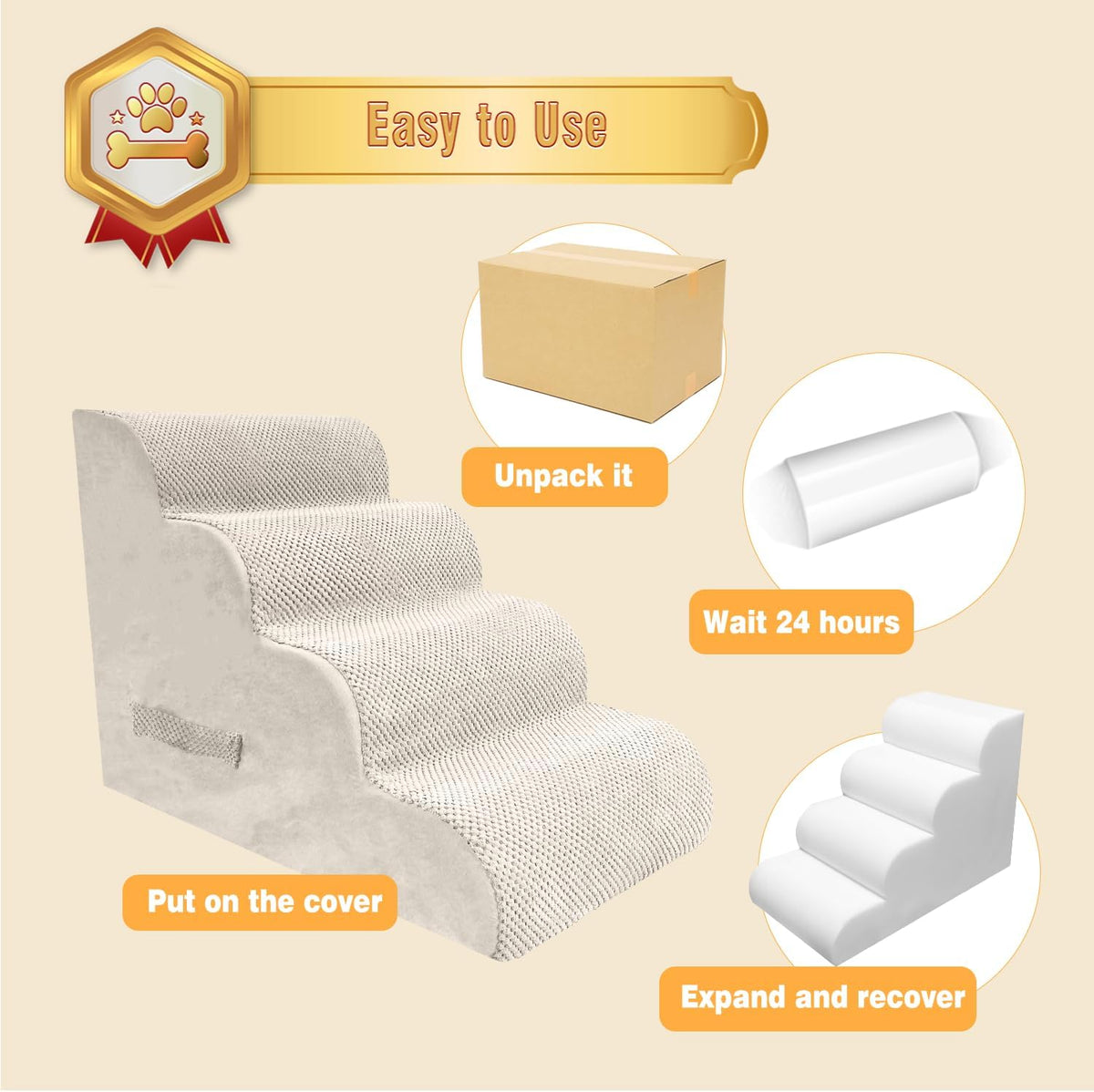 PAWSCART Dog Stairs for Small Dogs and Cats, 4-Step Dog Steps for Bed, 19.6" H Pet Stairs for High Bed, Pet Ramp for Couch, Sofa, Non-Slip Surface Removable Washable Cover, Beige