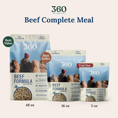360 Pet Nutrition Freeze-Dried Raw Dog Food – Beef Recipe with Liver & Organs, High Protein with Omega-3s, Fruits, Veggies & Superfoods, Grain-Free, No Fillers, 5 oz – Made in USA