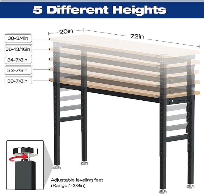 WORKPRO 72" Adjustable Workbench, 3000 LBS Load Capacity Hardwood Garage