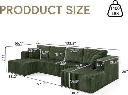 134 Inch Cloud Sectional Couch for Living Room,Corduroy Boneless Couches with L-Shape Chaise,Modern Modular Sectional Sofa with Deep Seat,No Assembly Required (Green, U-Shaped Sofa)