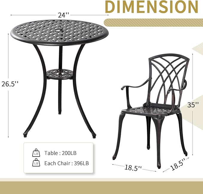 Withniture 3 Piece Patio Bistro Set Outdoor Bistro Table Set Anti Rust Bistro Table and Chairs w/Umbrella Hole, Durable Patio Set for Porch, Balcony