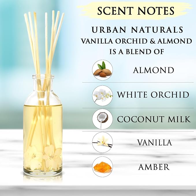 Urban Naturals Vanilla Orchid and Almond Scented Reed Diffuser Oil Set | Rich