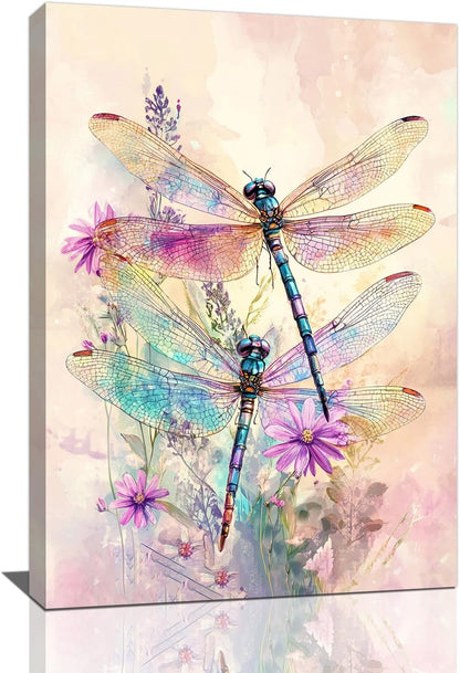 Dragonfly Bathroom Pictures Wall Art, Floral Bathroom Wall Decor, Framed Painting Canvas Artwork for Bedroom Living Room Decorations 24"L x 16"W