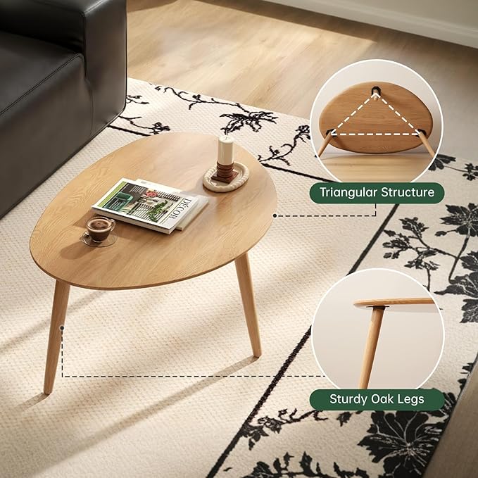 Vadisun Small Oval Nesting Table, Mid Century Coffee Table for Living Room,Solid Oak Wood End Tables,Triangle Tabletop with 3 Legs,Minimalist Display Living Tables (Original Wood Color, 3 Pieces)