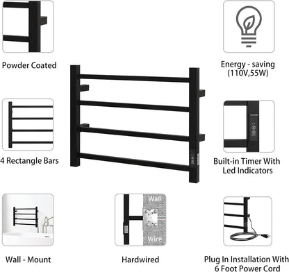 KEG Towel Warmer 4 Bars for Bathroom Wall Mounted Bath Towel Heater Hardwired and Plug-in with Built-in Timer Matte Black