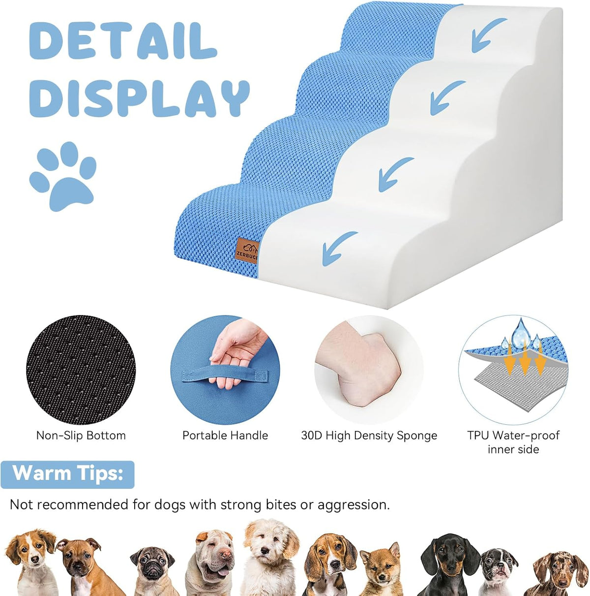 Dog Ramp and Stair for Bed 16" H-20 H,3-Step Cat Stair for Sofa and Chair,4-Step Dog Ramp for High Bed and Window,Durable Nonslip Fabric Cover for Indoor (Blue-20“H, Pet Friendly, 4)