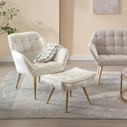 QUINJAY Modern Velvet Accent Chair with Ottoman Set of 2, Upholstered Lounge Chair with Footrest, Comfy Living Room Chair with Gold Legs Accent Side Chair Armchair for Small Space Bedroom, Beige