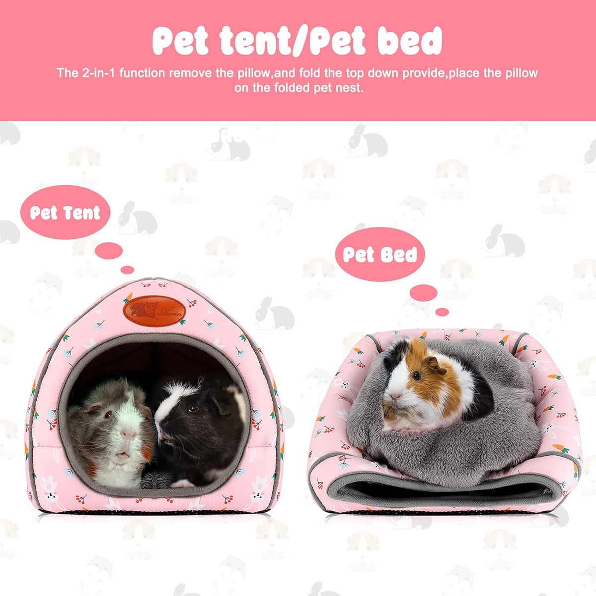 BWOGUE Guinea Pig Bed Large Hide-Out Cozy House Bed for Rabbits Ferret Chinchilla Bearded Dragon Winter Warm Cage Nest Hamster Accessories Cute Bunny and Carrot Pattern