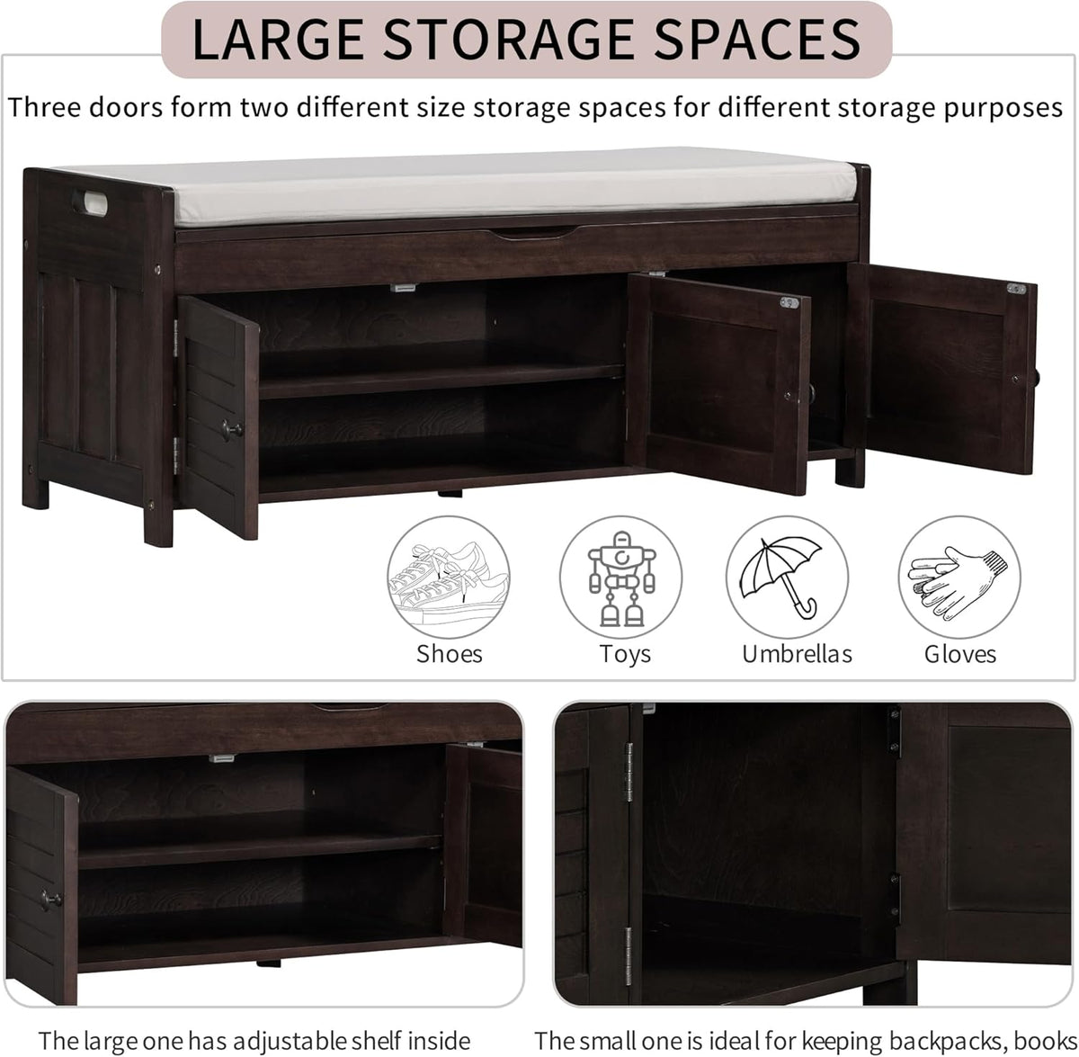 Shoe Storage Bench with 3 Shutter-Shaped Doors, Pine Wood Shoe Bench with Removable Cushion and Hidden Storage Space for Living Room, Entryway 43.5" L x 16" W x 18" H Espresso