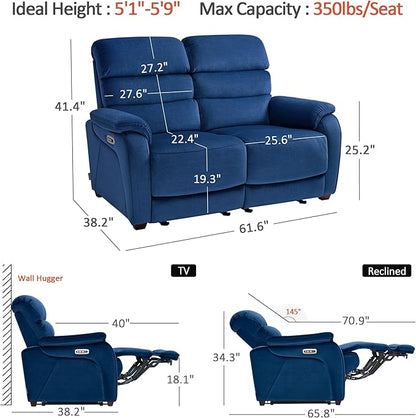 MCombo 61.6'' Wall Hugger Power Loveseat Recliner, Reclining Loveseat with Adjustable Headrest, USB Charge Ports, Wood Legs for Living Room, RVs, Small Spaces, Fabric ST258M1 (Loveseat, Navy Blue)