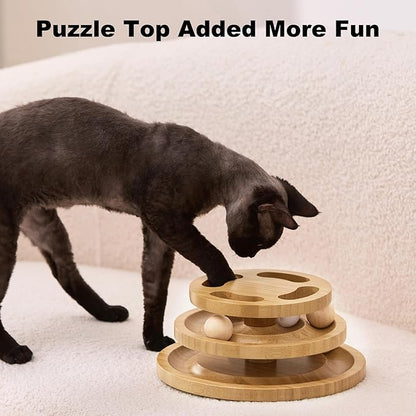 Cat Ball Track Toy with Puzzle Top, Wooden Cat Toys for Indoor Cats with Spinning Balls, Interactive Large Cat Ball Tower for Kitten Exercise Mental Physical
