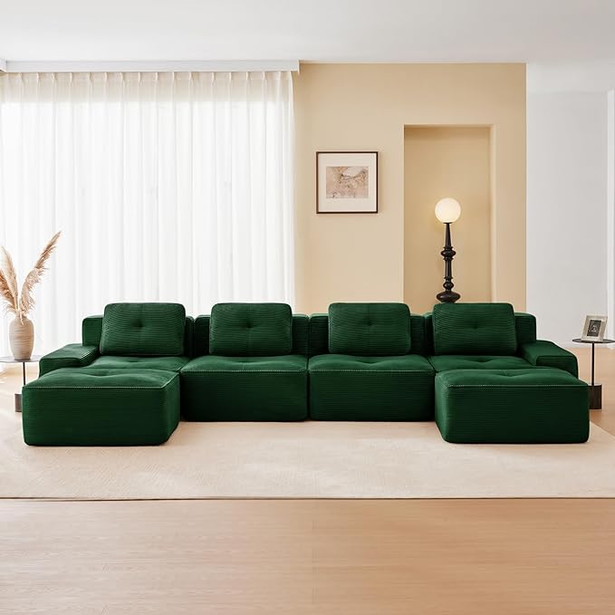 150" Modern Corduroy Cloud Sofa with Ottoman, U Shaped Boneless Modular Large Sectional Couches for Living Room, Green 4 Seater Compressed Memory Foam Couch, Extra Deep Seat, No Assembly