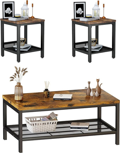 AWQM Coffee Table Industrial Coffee Table with 2 Square End Side Tables, Modern Living Room Table Set with Metal Frame for Apartment Home Office, Rustic Brown Set001