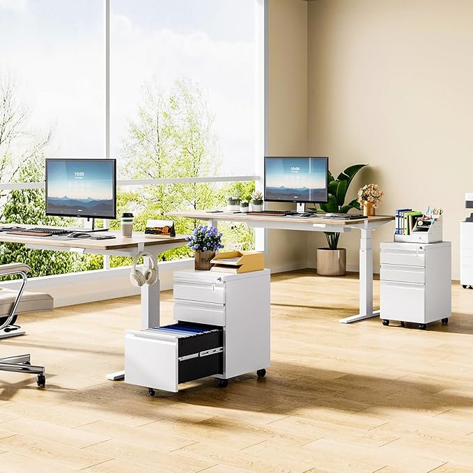 MIIIKO White Filing Cabinet 3 Drawers on Wheels Under Desk, Metal Rolling File